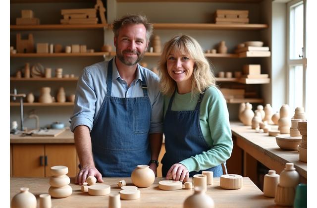 Founders Michael and Siobhán in their bright, organized wooden toy workshop, surrounded by natural wood toys and tools.