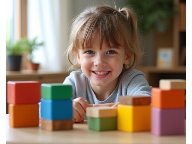 Child playing with colorful wooden blocks