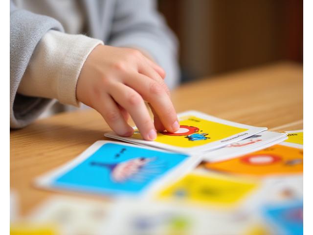 Child interacting with colourful language flashcards