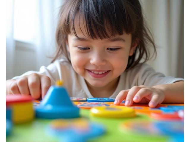 Child playing with a colorful language learning toy